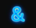 Blue and yellow shiny neon light glow crystal glassy alphabet - ampersand isolated on dark, 3D illustration of symbols