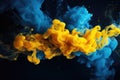 Blue, yellow smoke black background. Color smoke. Water splash. Cosmic stardust. Royalty Free Stock Photo