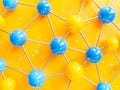 Blue and yellow spherical molecules linked by metal wires, on a yellow background. Concept of science and technology