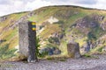 Blue and yellow square hiking markers, trail blazing symbol, Czech Republic