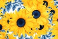 Blue and yellow sun flower pattern, risograph printing style, Ukrainean traditional colors