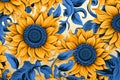 Blue and yellow sun flower pattern, risograph printing style, Ukrainean traditional colors