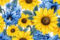 Blue and yellow sun flower pattern, risograph printing style, Ukrainean traditional colors