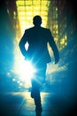 Blue and yellow sunset background hues silhouetting a Businessman running Royalty Free Stock Photo