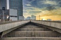 Blue and yellow sunset view with the converging tracks of the BTS Skytrain from the Ratchayothin BTS station on the Sukhumvit Line Royalty Free Stock Photo