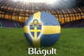 Blue-Yellow on Swedish language on football team ball on big stadium background. Sweden Team competition concept. Sweden flag on b