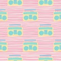 Blue and yellow tape recorder bright seamless doodle pattern. Pink stripped background. Stylized disco print Royalty Free Stock Photo