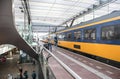 Blue and yellow train standing on a platform with interior of railway station