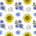 Blue and yellow ua vector pattern with flowers. One continuous line art drawing pattern with sunflower and chicory