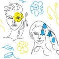 Blue and yellow ua vector pattern with woman face and flower instead of eye. One continuous line art drawing pattern in