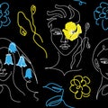 Blue and yellow ua vector pattern with woman face and flower instead of eye. One continuous line art drawing pattern in Royalty Free Stock Photo