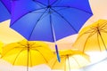 Blue and yellow umbrellas on a light background Royalty Free Stock Photo
