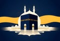 a blue and yellow vector illustration of a kaaba with a yellow sun on the top