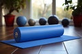 Blue yoga mat with 2 kg dumbbells home fitness equipment for exercise and flexibility training.