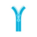 Blue zipper with plastic or metal teeth and puller. Open zip fastener for jeans or dress. Sewing material. Flat vector