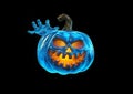 Between blue zombie hands is a carved pumpkin with a creepy face that burns inside and creates fear on Halloween night