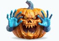 Between blue zombie hands is a carved pumpkin with a creepy face that burns inside and creates fear on Halloween night