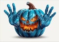 Between blue zombie hands is a carved pumpkin with a creepy face that burns inside and creates fear on Halloween night