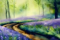 Bluebell Wood - Watercolour Painting. Generative AI