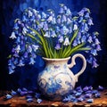 Bluebells in a vase on a dark background, square impasto oil painting. Generative AI