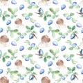 Blueberries blue berries with leaves and porcini mushrooms pattern.