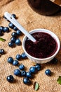 Blueberries and blueberry jam in a white bowl with spoon Royalty Free Stock Photo