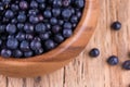 Blueberries in a bowl on a vintage wooden table. Bilberry on wooden Background. Blueberry antioxidant.