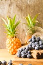 Blueberries in a glass bowl of French with pineapple