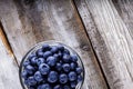 Blueberries in a glass jar on wooden table