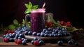 Blueberries juice with blueberries on table. Dark background. AI generated