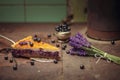 Blueberries and lavander cheesecake served on oven with berries and flowers, still life for patisserie, healthy cake Royalty Free Stock Photo