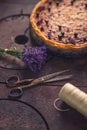 Blueberries and lavander cheesecake served on oven with berries and flowers, still life for patisserie, healthy cake Royalty Free Stock Photo