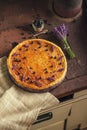 Blueberries and lavander cheesecake served on oven with berries and flowers, still life for patisserie, healthy cake Royalty Free Stock Photo