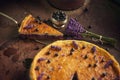 Blueberries and lavander cheesecake served on oven with berries and flowers, still life for patisserie, healthy cake Royalty Free Stock Photo