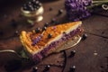 Blueberries and lavander cheesecake served on oven with berries and flowers, still life for patisserie, healthy cake Royalty Free Stock Photo