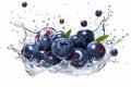 Blueberries, leaves and splashes of water on a white background. AI generative