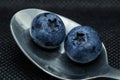 Blueberries Macro closeup photo of superimposed on top of each other and tiled in a teaspoon against a dark background