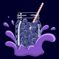 Blueberries in mason jar, smoothie splash. Vector hand drawn illustration.