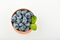 Blueberries and mint leaves in wooden bowl isolated on white Royalty Free Stock Photo