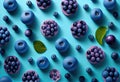 Blueberries pattern on blue background. Top view. Flat lay. Generative AI