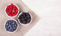 Blueberries, raspberries and blackberries on white background. Blueberry raspberry blackberry in white bowl. Royalty Free Stock Photo