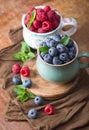 Blueberries and raspberries bowl on wooden table