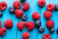 Blueberries and raspberries bowl on wooden table