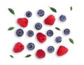 Blueberries and raspberries with green leaf solated on white