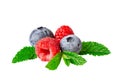 Blueberries and raspberries with mint leaf isolated on white Image included clipping path Royalty Free Stock Photo