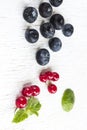 Blueberries and red currants, a sprig of mint on a white background