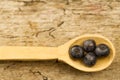 Blueberries in spoon on wooden background, close-up Royalty Free Stock Photo