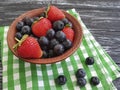 Blueberries, strawberries towel antioxidant on an old black wooden summer