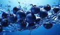 Blueberries with Water Splashing on Blue Background. Organic Food in Water Bubbles, Wash Fruits. Generative AI Royalty Free Stock Photo