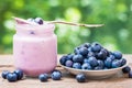 Blueberries yogurt in jar and saucer with bilberries Royalty Free Stock Photo